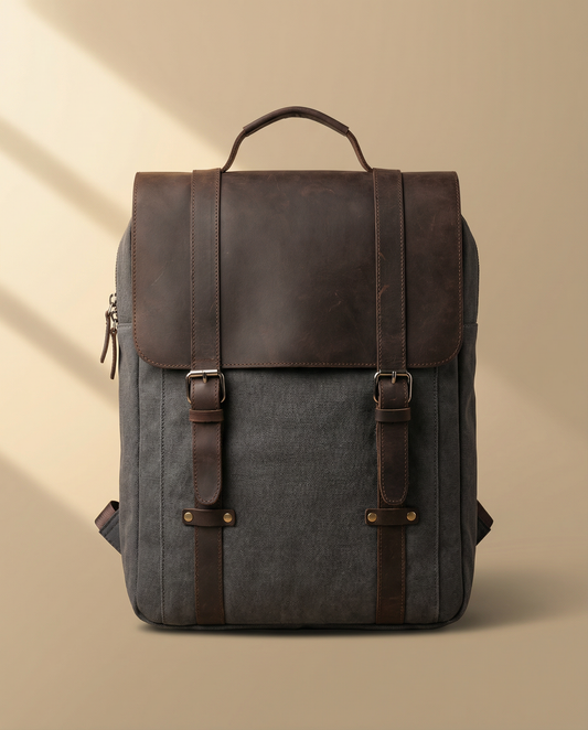 Regent City Backpack – 100% Cotton Canvas & Cow Leather – Grey