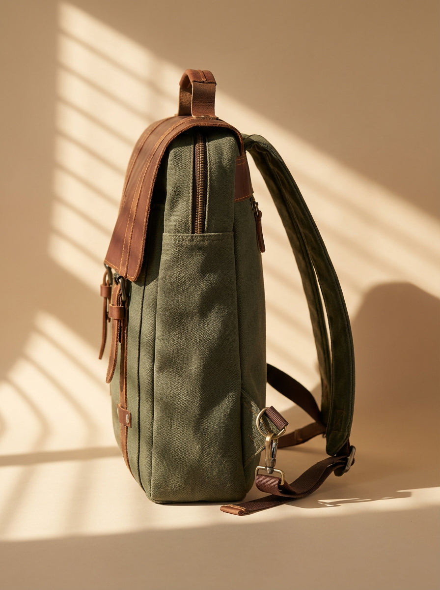 Regent City Backpack – 100% Cotton Canvas & Cow Leather – Army