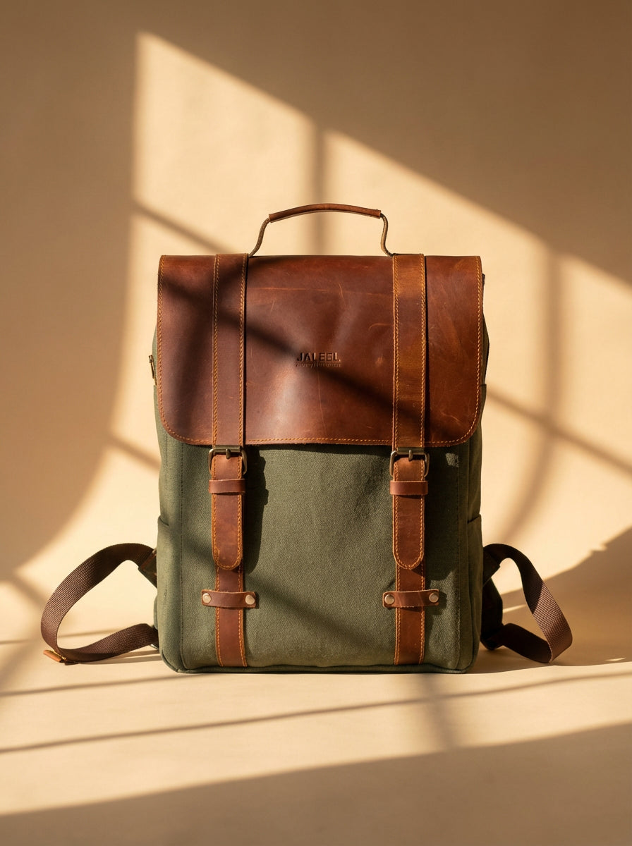 Regent City Backpack – 100% Cotton Canvas & Cow Leather – Army